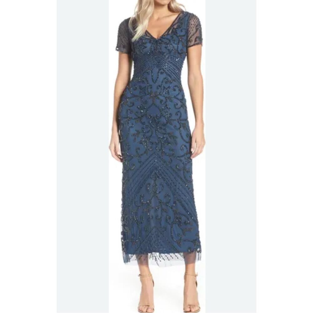 Pisarro Nights Sapphire Beaded Mesh V-Neck Short Sleeve Formal Gown Size 4 - Picture 3 of 14